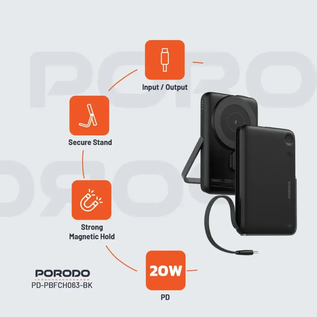 Porodo 10000mAh Power Bank Built-In Type-C & Stand – Black (2)
