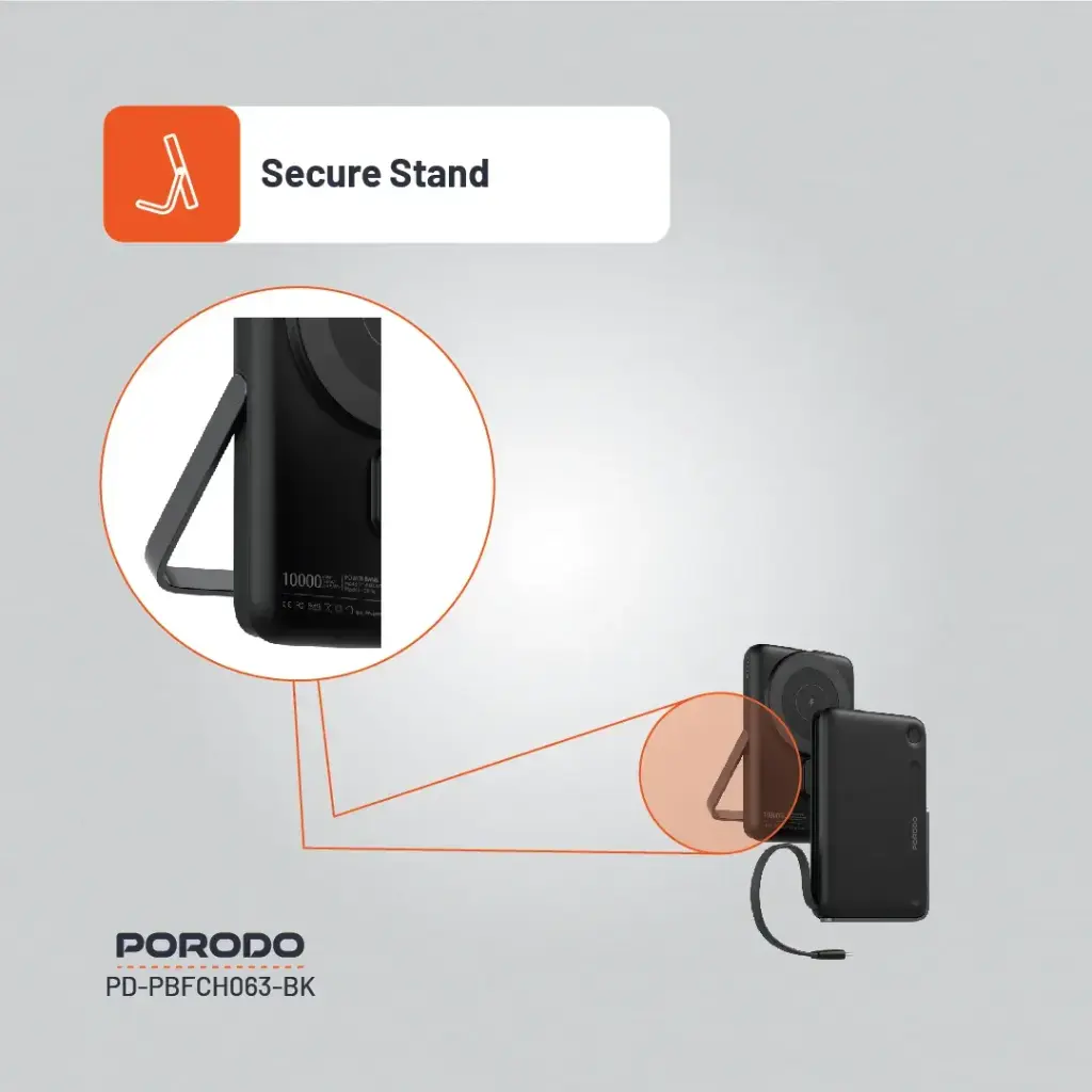 Porodo 10000mAh Power Bank Built-In Type-C & Stand – Black (4)