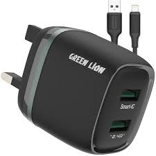شارژر دیواری دو پورت ۱۲ وات گرین  همراه  کابل لایتنینگ Green Lion Dual USB 12W Wall Charger With USB-A To Lightning Cable 1M EU