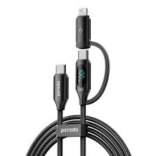کابل شارژ PD و فست دوکاره پرودو مدل PD-2N1C2CLPorodo Dual-Connector Type-C Fast Charging Cable With Power Display 1.2m
