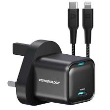 شارژر دیواری پاورولوژی powerology ultra compactgan charger with usb to lightening cable  PWCUQC016-L