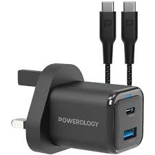 آداپتور شارژ 2 پورت 35 وات با کابل دو سر تایپ سی پاورولوژی Powerology Super Compact Quick Charger PWCUQC023-C