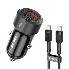 شارژر فندکی دو پورت 50 وات پرودو به همراه کابل تایپ سی به تایپ سی Porodo 50W Dual Port Car Charger PD 20W QC 30W مدل PD-CC50WC-BK