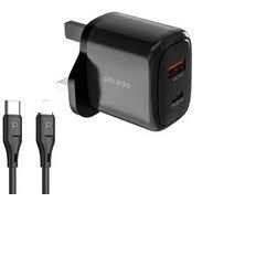 شارژر دیواری دوگانه پرودو همراه کابل لایتنینگ  مدل  porodo dual port fast charger quick charge + power delivery PD-20WACCL
